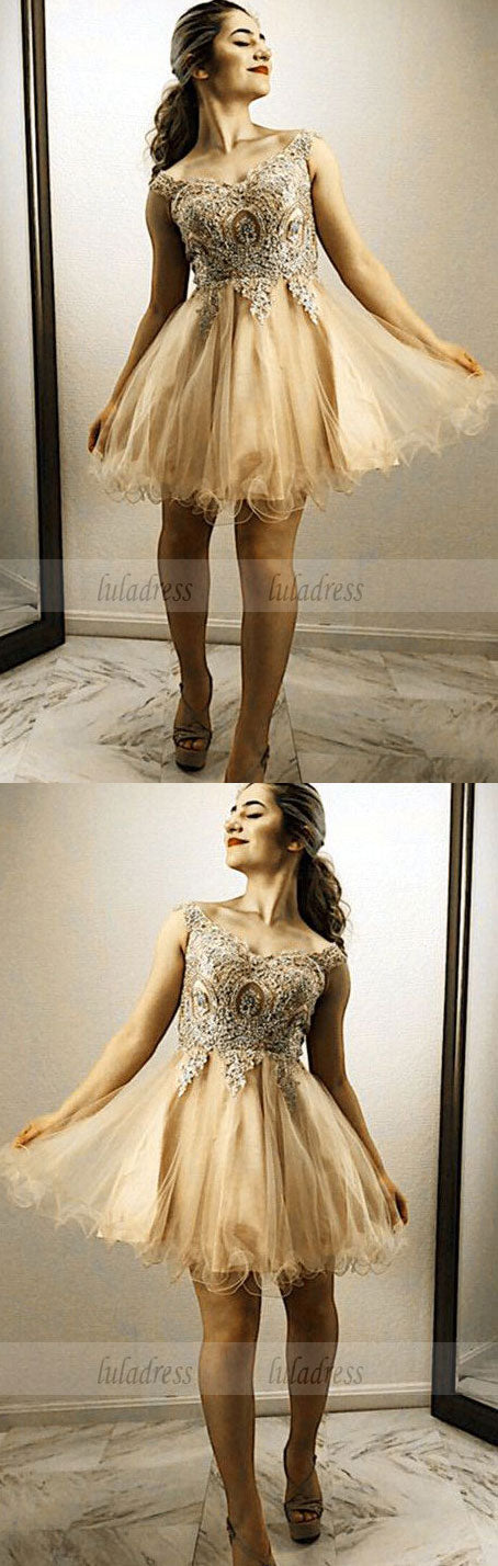 Gold Lace Embroidery Homecoming Dresses Off Shoulder Prom Cocktail Dress