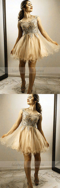 Gold Lace Embroidery Homecoming Dresses Off Shoulder Prom Cocktail Dress,BD99573