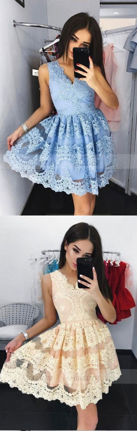 A-Line V-Neck Short Daffodil Homecoming Dress with Appliques