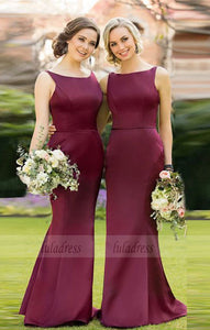 Fashion Sheath Bateau Burgundy Satin Long Bridesmaid Dress,BD99596