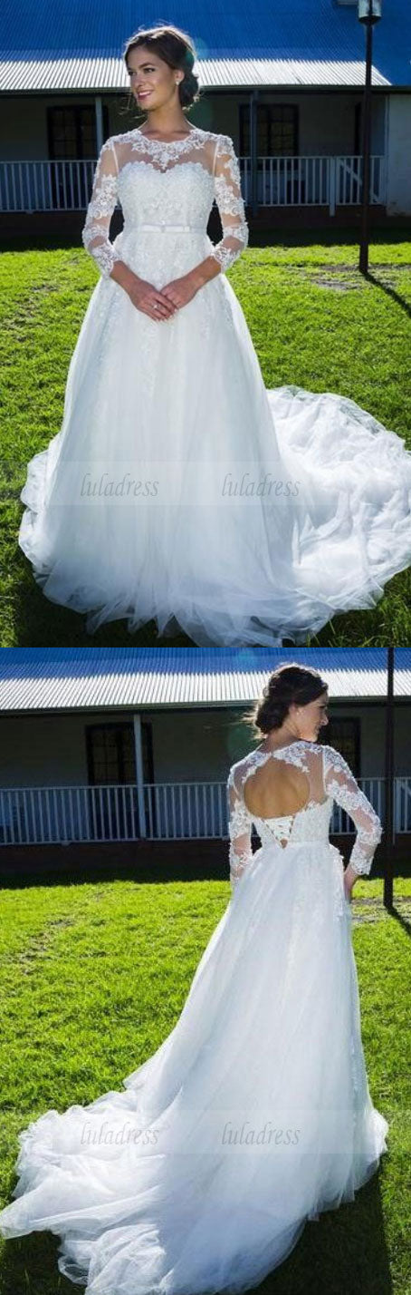 Elegant Jewel 3/4 Sleeves Lace-up Court Train Wedding Dress with Appliques Bowknot