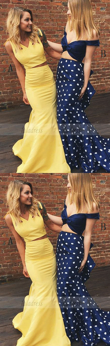 Two Piece V-Neck Sweep Train Yellow Satin Prom Dress with Ruffles
