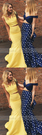 Two Piece V-Neck Sweep Train Yellow Satin Prom Dress with Ruffles