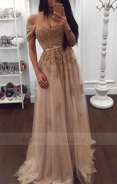 Beaded Sweetheart Tulle Prom Dresses Off-the-shoulder Evening Gowns,BD99698