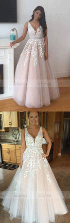 Floor Length V Neck Prom Dress with Lace