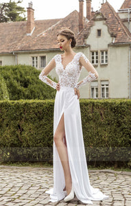 Lace Tulle A-line Wedding Dresses Crystals Lace Applique V Neck Count Train Elegant Bridal Gowns,BD99860