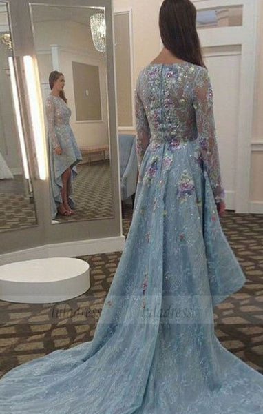 A-Line Round Neck Long Sleeves High Low Prom Dress with Appliques,BD98760