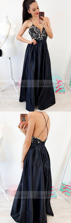 A-Line Spaghetti Straps Backless Floor-Length Black Prom Dress with Lace