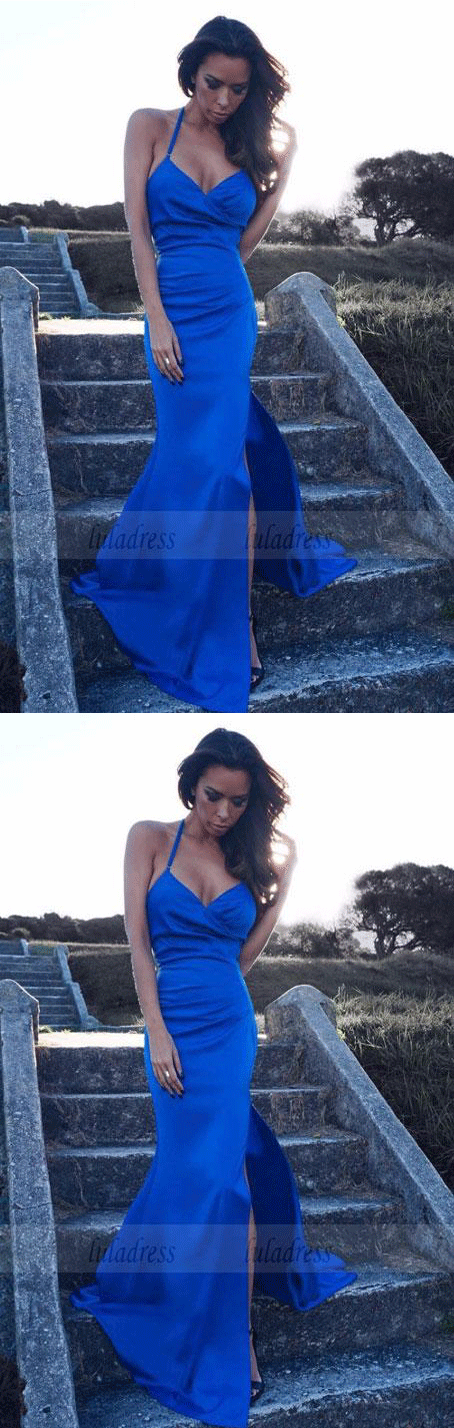 V Neck with Spaghetti Strap Side Split Sexy Long Mermaid Prom Party Gown