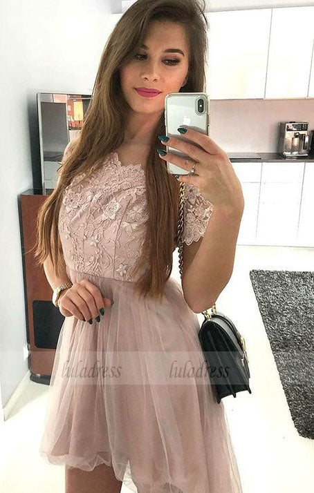 A-Line Short Sleeves Blush Homecoming Dress with Lace