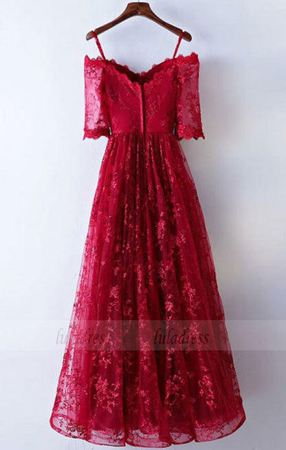 Off-the-Shoulder Floor-Length Half Sleeves Dark Red A-Line Lace Prom Dress
