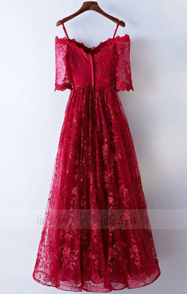 Off-the-Shoulder Floor-Length Half Sleeves Dark Red A-Line Lace Prom Dress,BD99813