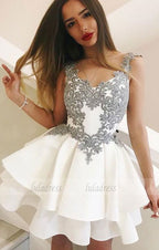 A-Line Round Neck Short White Tiered Homecoming Dress with Appliques