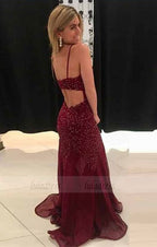 Mermaid Spaghetti Straps Sweep Train Burgundy Beaded Prom Dress