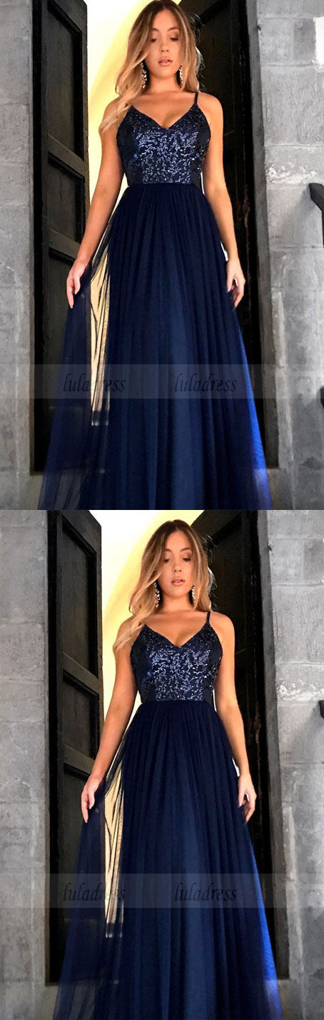 Charming V Neckline Open Back Prom Dress, Sexy Spaghetti Straps Long Prom Dresses