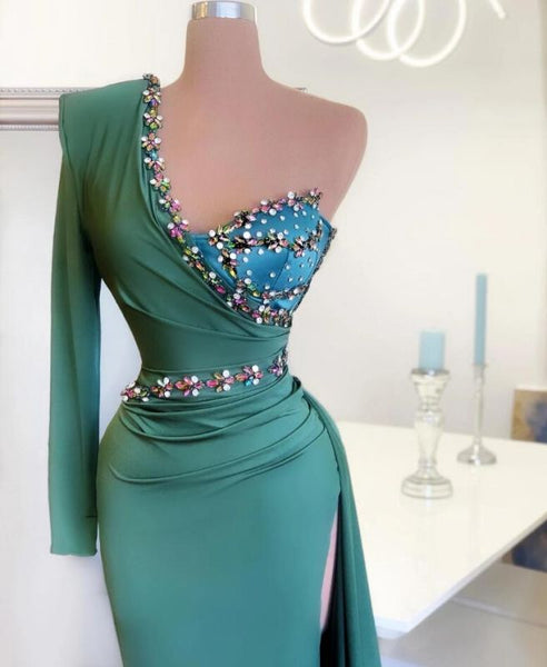 Affordable Green Satin Slit Long Prom Dress On Sale,PD21075