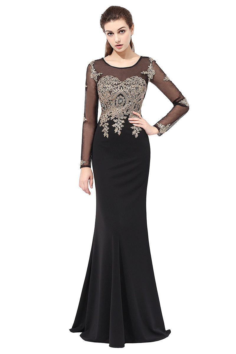 Black Long Sleeves Modest Floor Length Evening Prom Dress With Lace Appliques, BS40