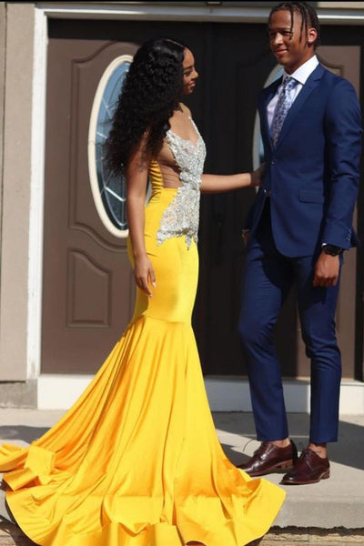 Gorgeous Sleeveless Daffodil Mermaid Prom Dresses With Appliques,PD21024