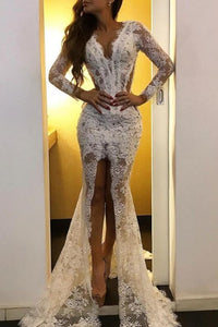 Sexy White Lace Long Sleeve Prom Dress Mermaid With SPlit,BD2994