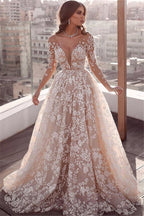Gorgeous Lace Applique Wedding Dresses | Long Sleeves Floral Bridal Gowns