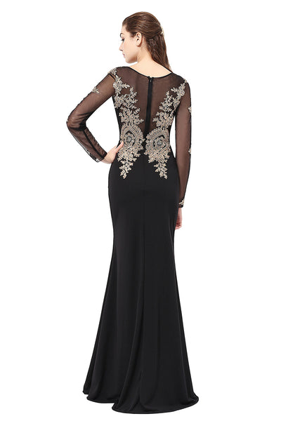 Black Long Sleeves Modest Floor Length Evening Prom Dress With Lace Appliques, BS40