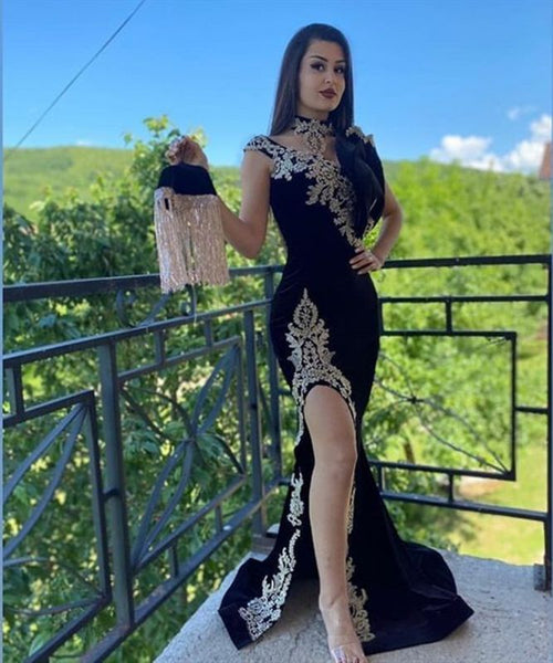 Sexy Split Black Lace Prom Evening Dress Velvet,PD21012