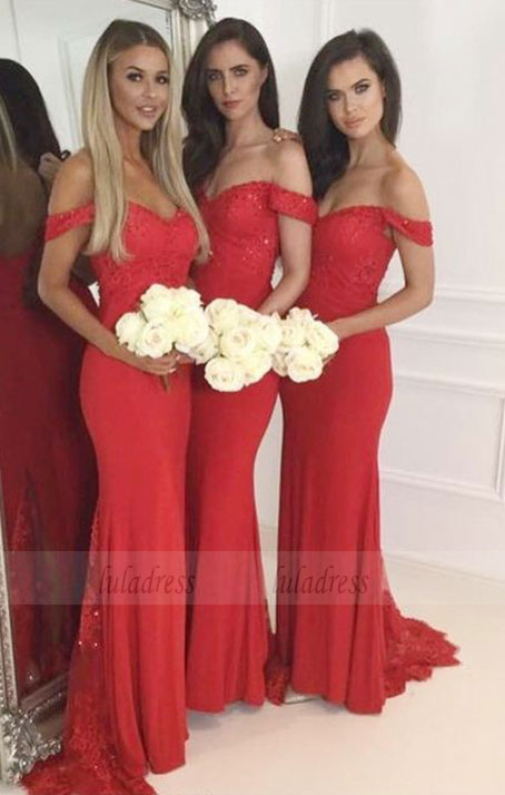 chic mermaid bridesmaid dresses, red off shoulder wedding party gown