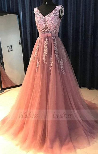 Pink v neck lace tulle long prom dress, evening dress