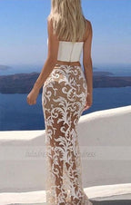 modest two piece,simple strapless sheer lace party dresses,sexy evening gowns