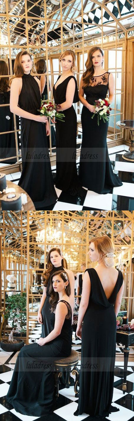 Long Bridesmaid Dresses Chiffon, High Neck Black Bridesmaid Dresses, Open Back Mismatched Bridesmaid Dresses - Custom Color / US4 Long Bridesmaid Dresses Chiffon, High Neck Black Bridesmaid Dresses, Open Back Mismatched Bridesmaid Dresses - Custom Color / US4