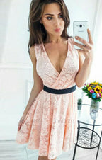 A-Line V-Neck Short Pink Lace Homecoming Dress with Sash