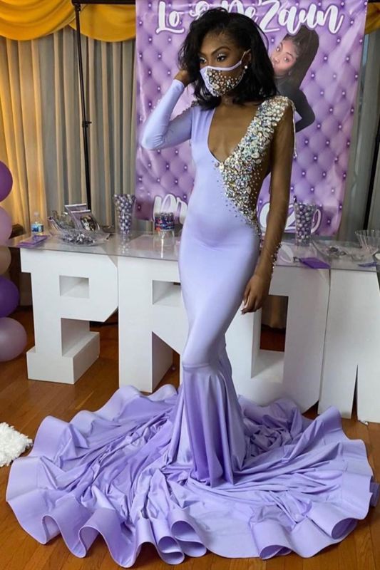 Elegant Light Purple Crystal Mermaid Evening Gowns Long,PD21025