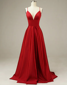 Simple A Line Long Satin Red Prom Dresses,BD930643