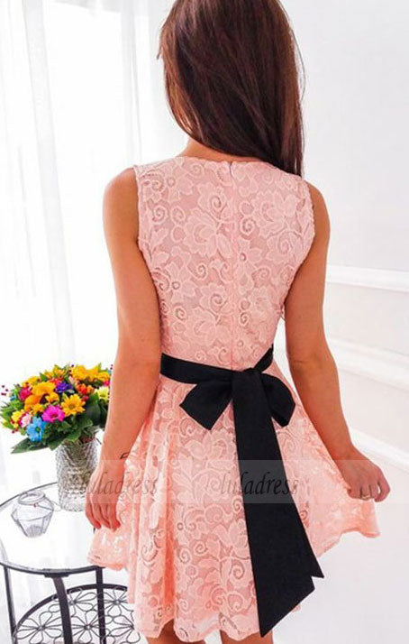 A-Line V-Neck Short Pink Lace Homecoming Dress with Sash