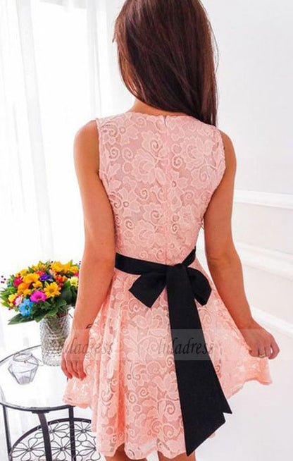 A-Line V-Neck Short Pink Lace Homecoming Dress with Sash