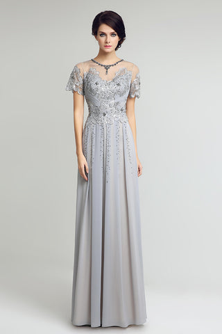 Light Grey Chiffon Long Prom Dress Modest Short Sleeves Evening Dress, BS17