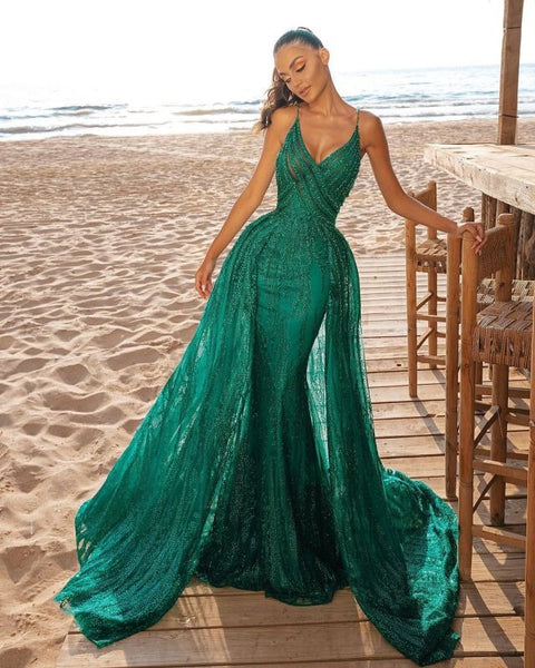 Elegant Sleeveless Satin Jade Green Mermaid Prom Dresses With Beading Appliques,BD93036