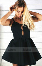 A-Line Spaghetti Straps Short Black Satin Homecoming Dress