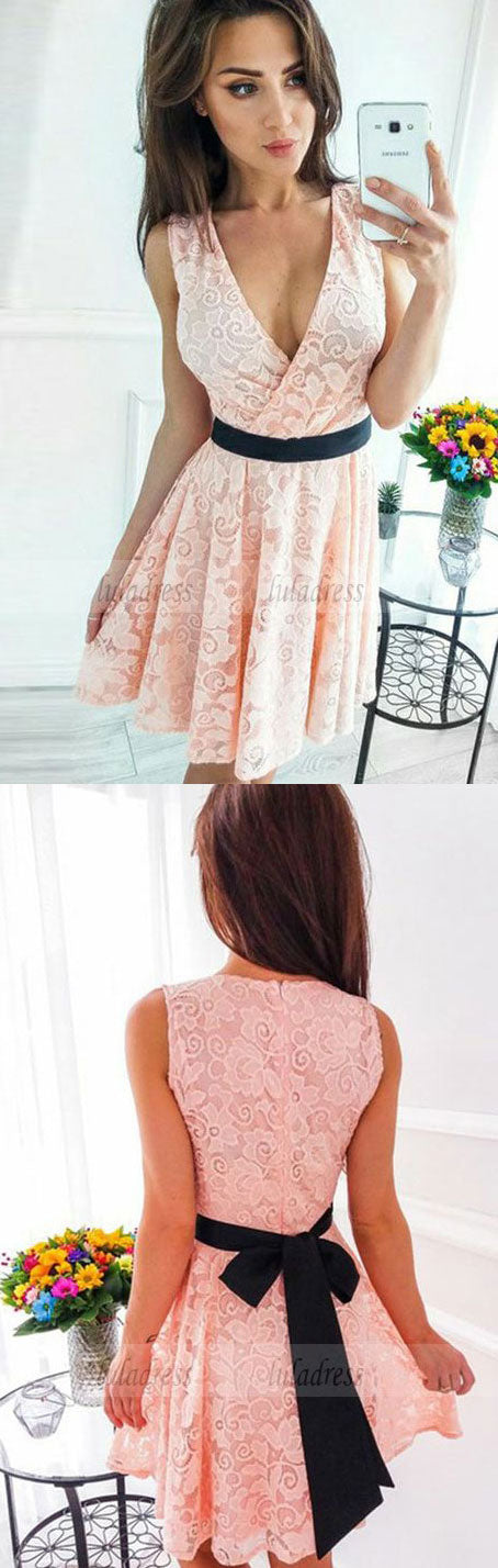 A-Line V-Neck Short Pink Lace Homecoming Dress with Sash