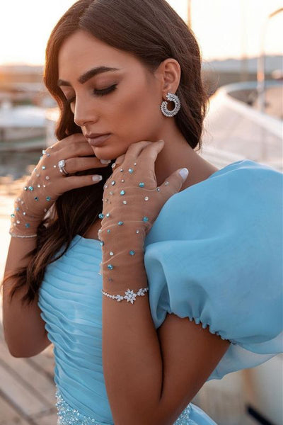 Glamorous Tulle Lake Blue Sequins Mermaid Prom Dresses With Detachable,PD21052