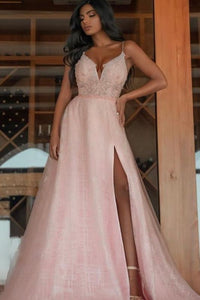 Sexy Spaghetti Straps V-Neck Prom Dresses with Slit Online,PD21093