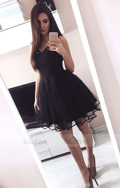 A-Line V-Neck Above-Knee Black Homecoming Dress with Pleats,BD99578