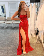 Mermaid Glitter Long Sequins Sexy Hot Pink Backless Prom Dresses