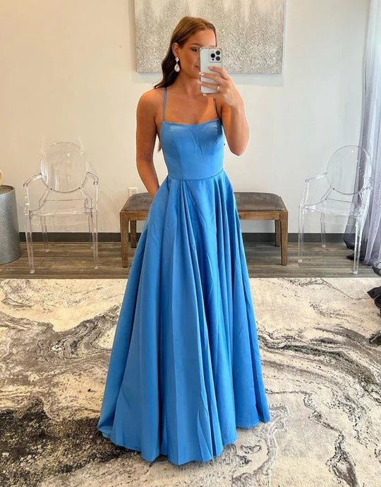 Simple Blue Spaghetti Straps Backless A-Line Prom Dresses,BD930673