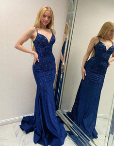 Navy Spaghetti Straps Backless Mermaid Prom Dresses,BD930671