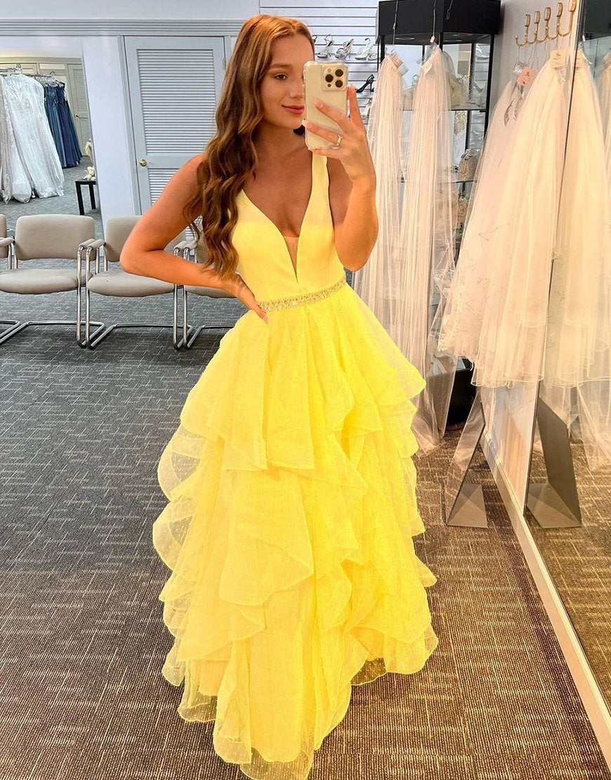 prom dresses yellow A-Line Off Shoulder Satin Long Dress, Yellow Long Formal Dress US 8 / Yellow creating a sensational silhouette that accentuates your curves and highlights your waist Yellow Prom Dresses | JJ's