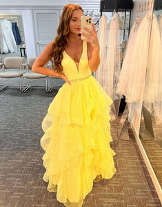 A-Line Tiered Ruffles Light Yellow Tulle Prom Dresses,BD930661
