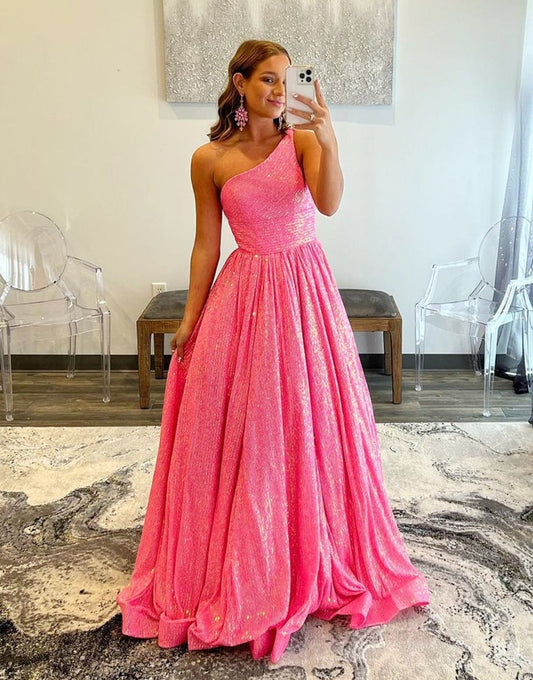 A Line Pink Cute One-Shoulder Backless Long Prom Dresses