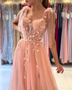 Princess Tulle Coral Pink Split Appliques Lace A-Line Prom Dresses