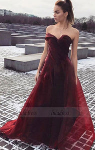 A-Line Sweetheart Sweep Train Burgundy Tulle Prom Dress with Ruffles,BD99663
